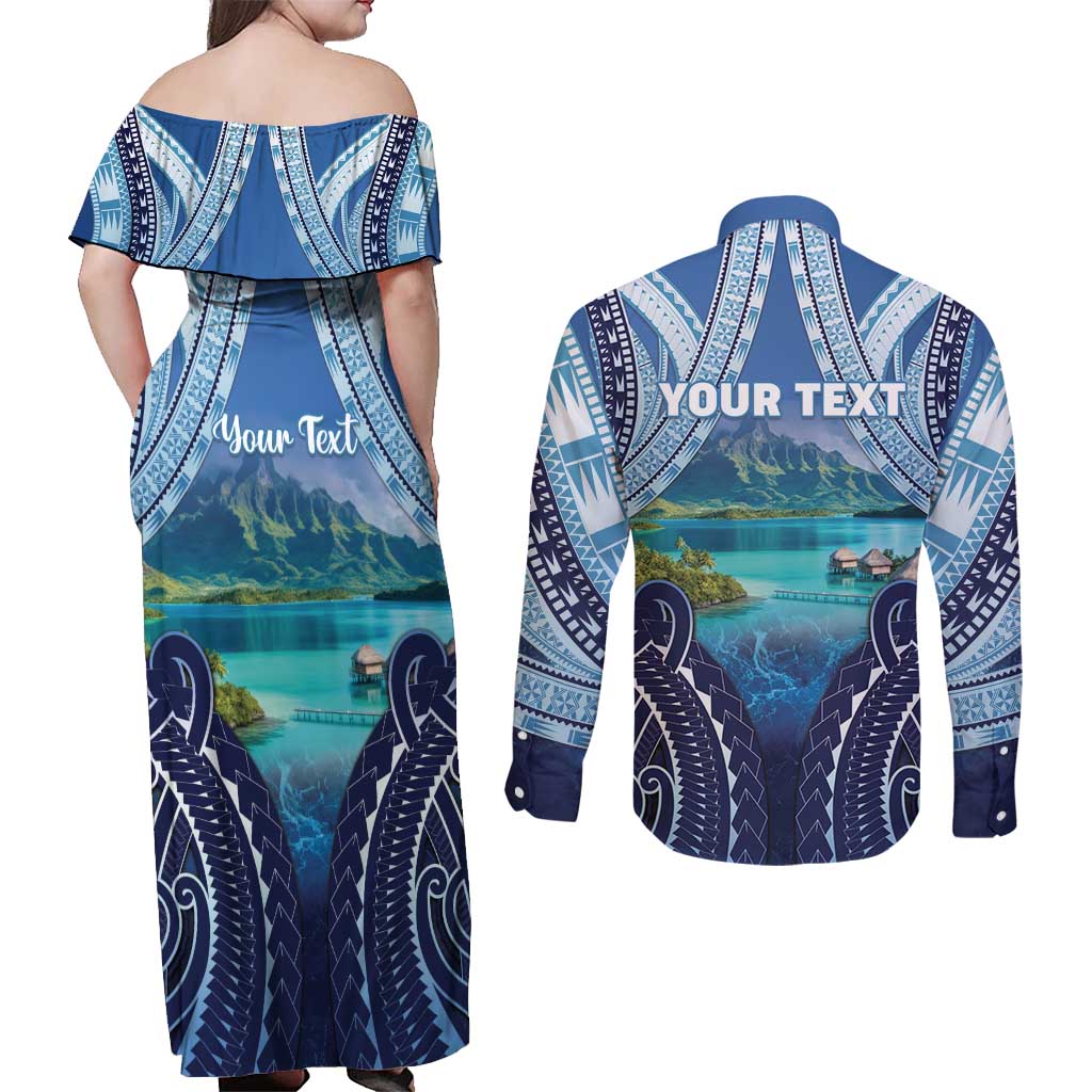 Personalised French Polynesia Bora Bora Couples Matching Off Shoulder Maxi Dress and Long Sleeve Button Shirt Beach Landscape Polynesian Style LT05 - Polynesian Pride