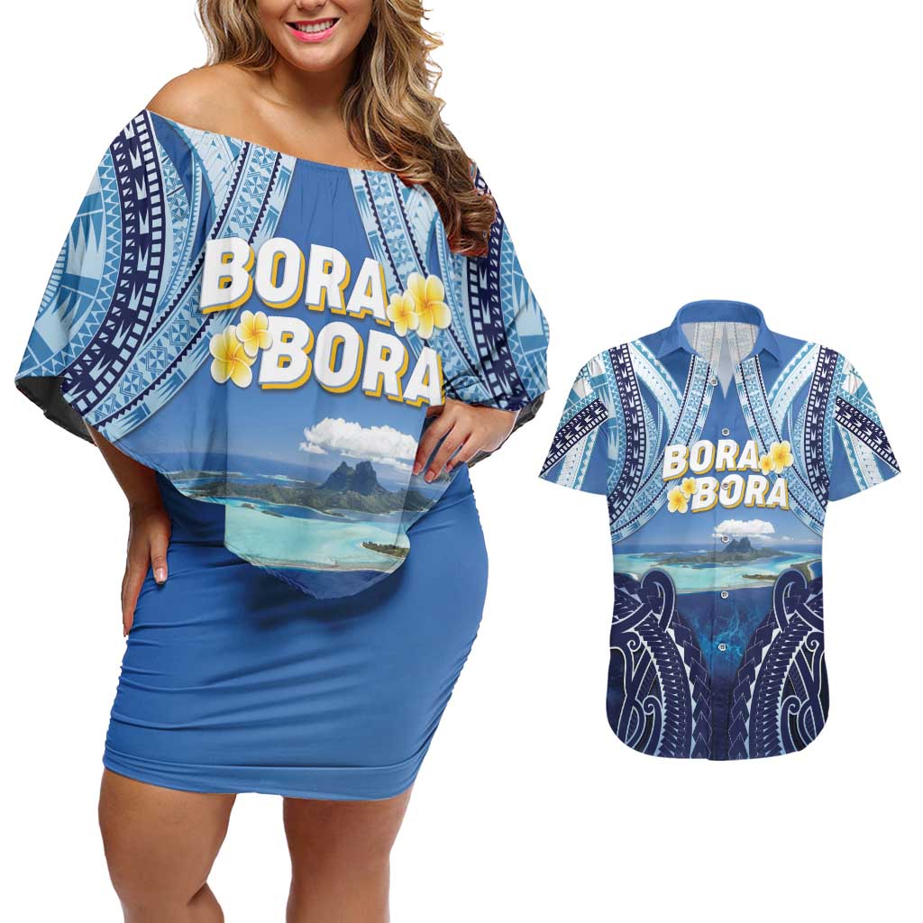 Personalised French Polynesia Bora Bora Couples Matching Off Shoulder Short Dress and Hawaiian Shirt Beach Landscape Polynesian Style