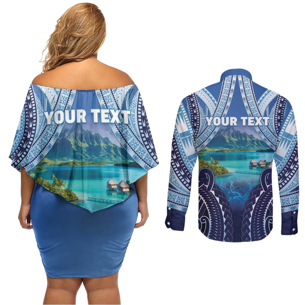 Personalised French Polynesia Bora Bora Couples Matching Off Shoulder Short Dress and Long Sleeve Button Shirt Beach Landscape Polynesian Style LT05 - Polynesian Pride