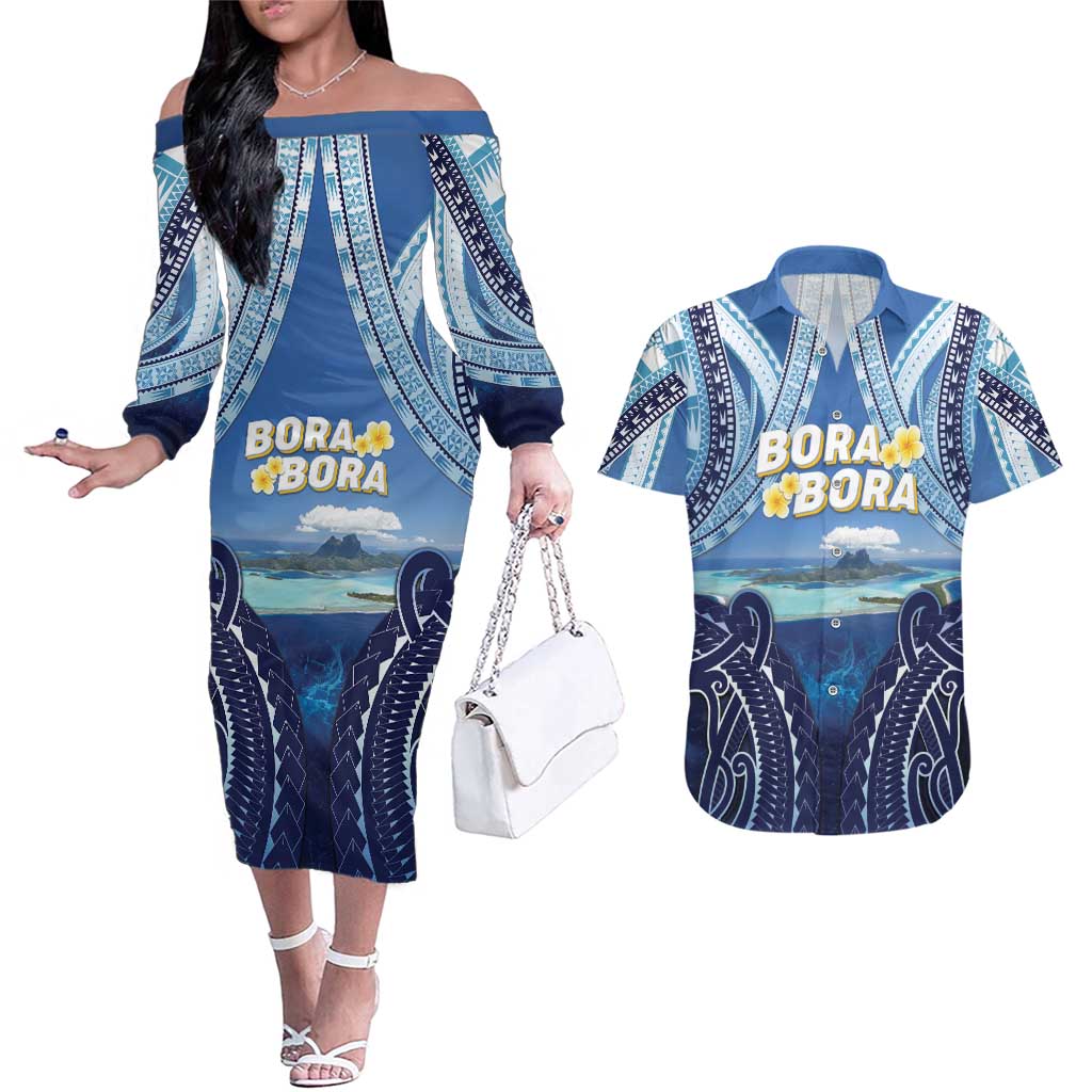 Personalised French Polynesia Bora Bora Couples Matching Off The Shoulder Long Sleeve Dress and Hawaiian Shirt Beach Landscape Polynesian Style