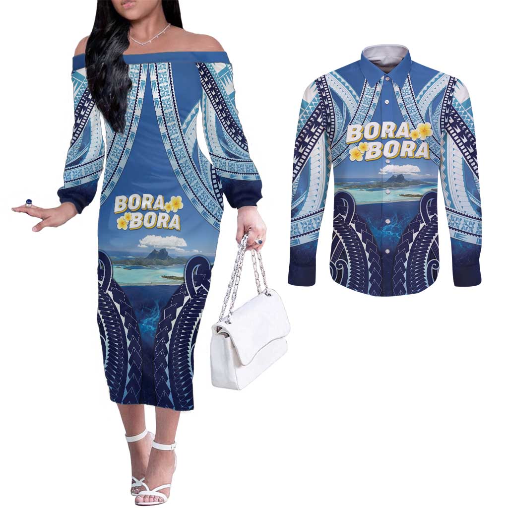 Personalised French Polynesia Bora Bora Couples Matching Off The Shoulder Long Sleeve Dress and Long Sleeve Button Shirt Beach Landscape Polynesian Style LT05 Blue - Polynesian Pride