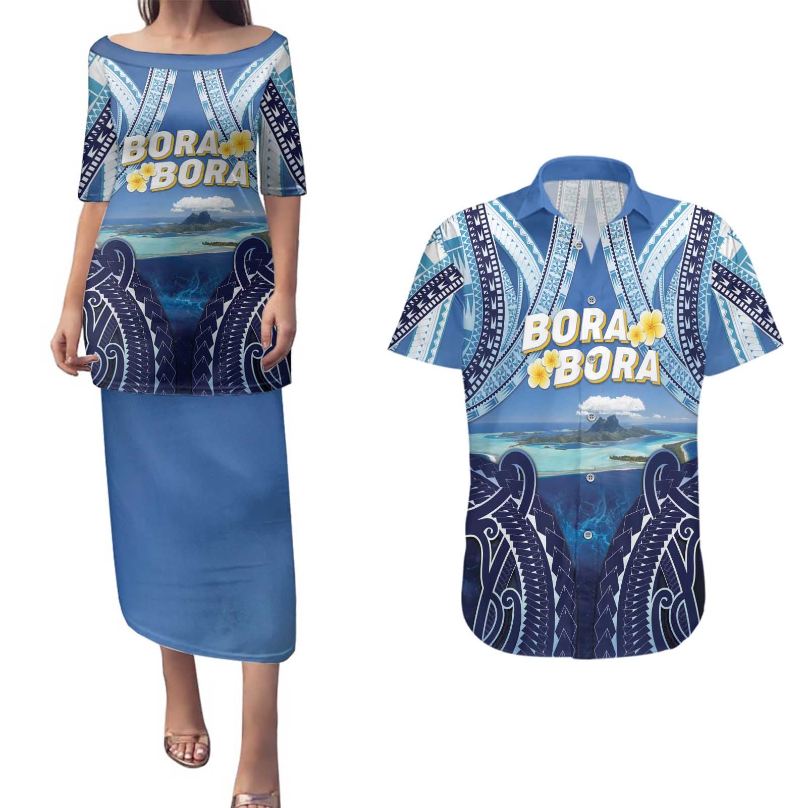 Personalised French Polynesia Bora Bora Couples Matching Puletasi and Hawaiian Shirt Beach Landscape Polynesian Style