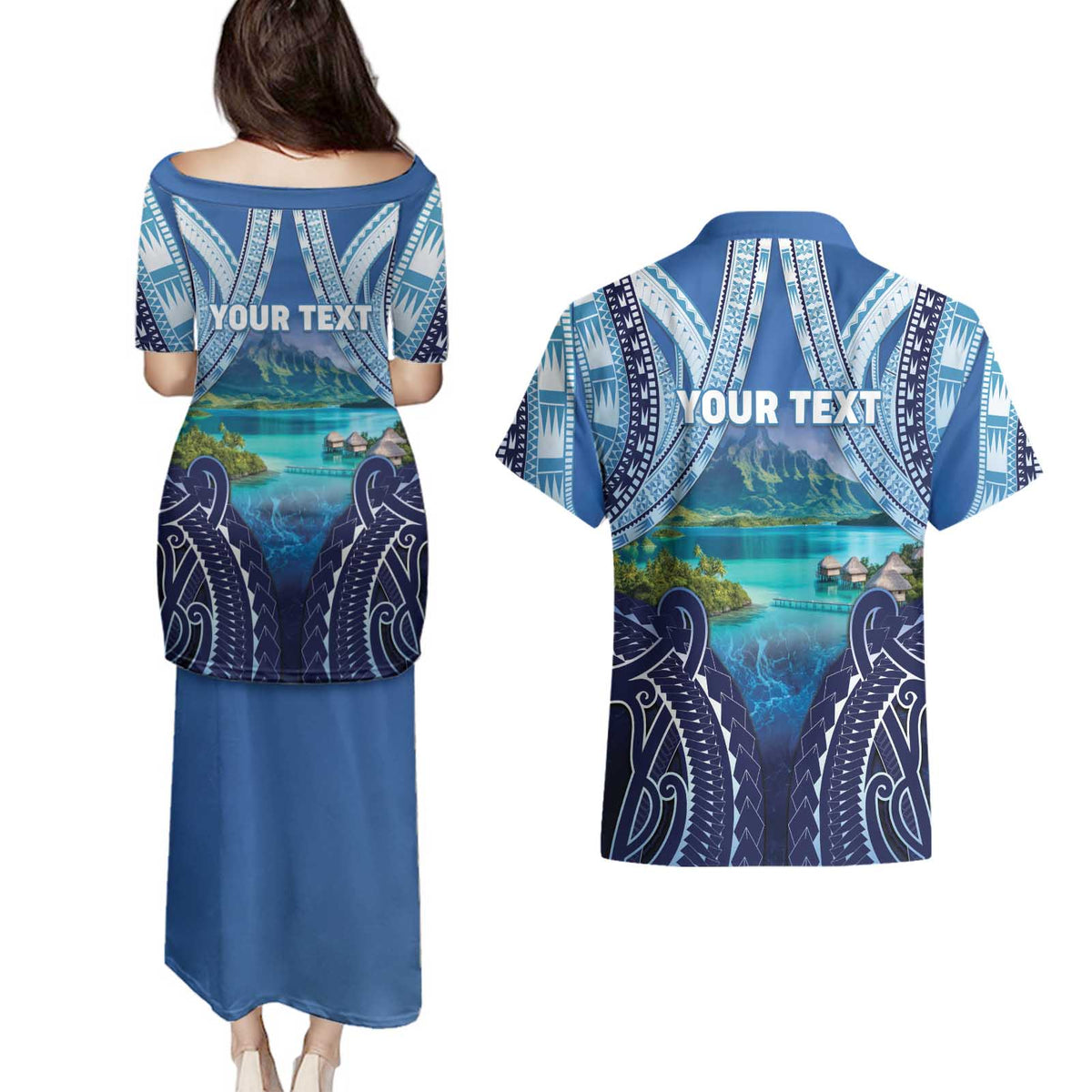 Personalised French Polynesia Bora Bora Couples Matching Puletasi and Hawaiian Shirt Beach Landscape Polynesian Style LT05 - Polynesian Pride
