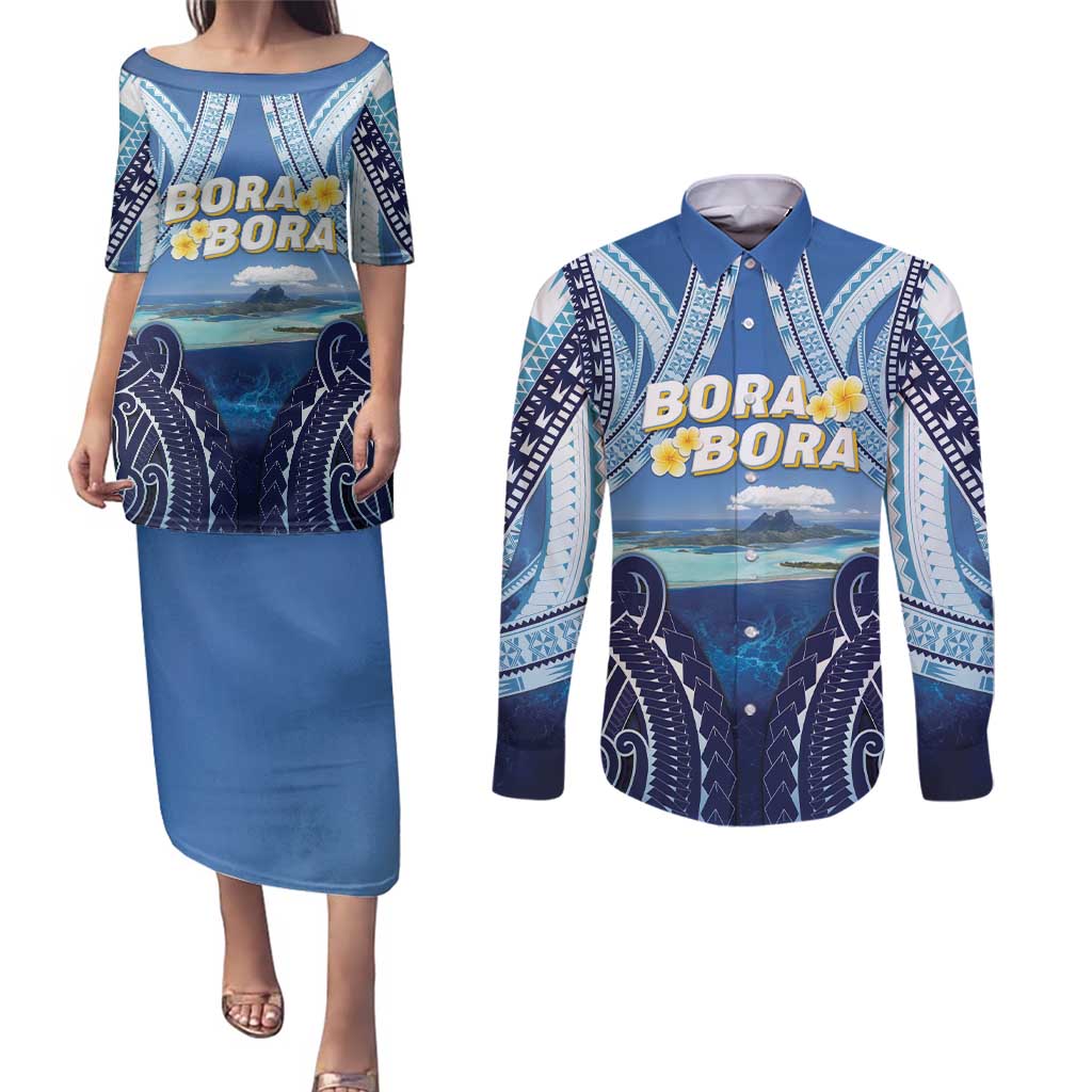 Personalised French Polynesia Bora Bora Couples Matching Puletasi and Long Sleeve Button Shirt Beach Landscape Polynesian Style LT05 Blue - Polynesian Pride