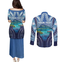 Personalised French Polynesia Bora Bora Couples Matching Puletasi and Long Sleeve Button Shirt Beach Landscape Polynesian Style LT05 - Polynesian Pride