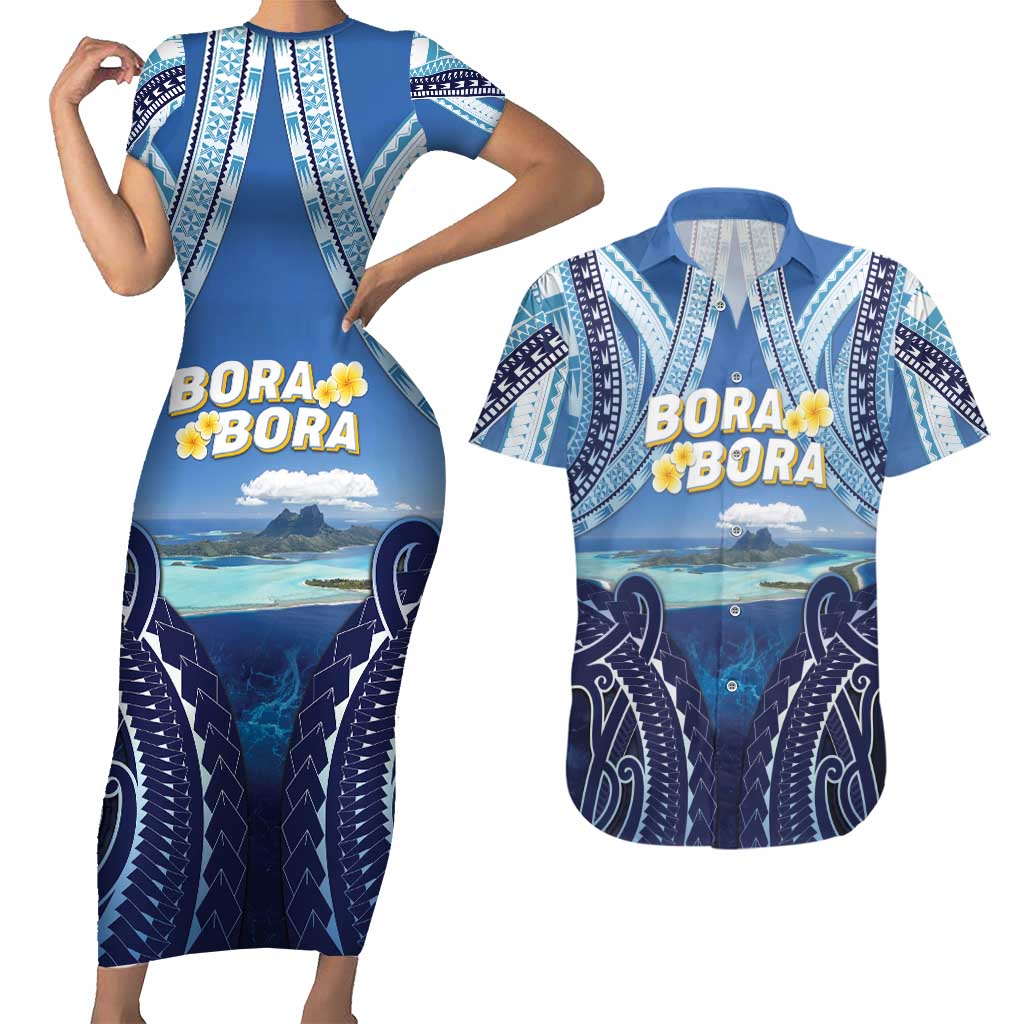 Personalised French Polynesia Bora Bora Couples Matching Short Sleeve Bodycon Dress and Hawaiian Shirt Beach Landscape Polynesian Style