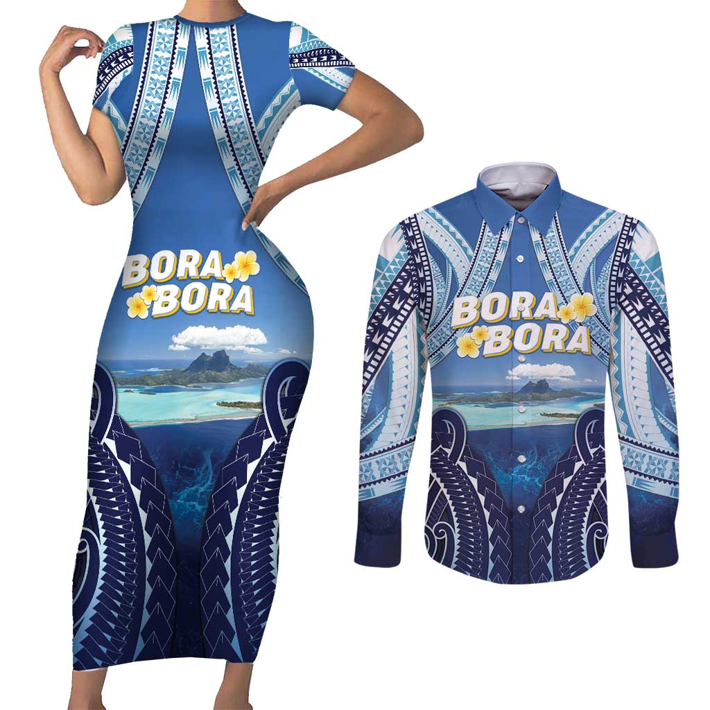 Personalised French Polynesia Bora Bora Couples Matching Short Sleeve Bodycon Dress and Long Sleeve Button Shirt Beach Landscape Polynesian Style