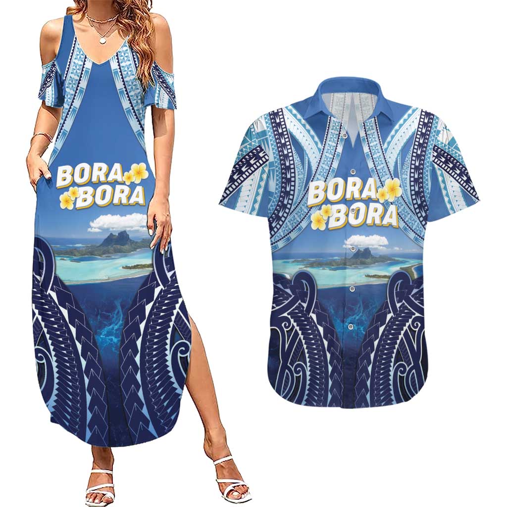 Personalised French Polynesia Bora Bora Couples Matching Summer Maxi Dress and Hawaiian Shirt Beach Landscape Polynesian Style