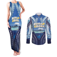 Personalised French Polynesia Bora Bora Couples Matching Tank Maxi Dress and Long Sleeve Button Shirt Beach Landscape Polynesian Style LT05 Blue - Polynesian Pride
