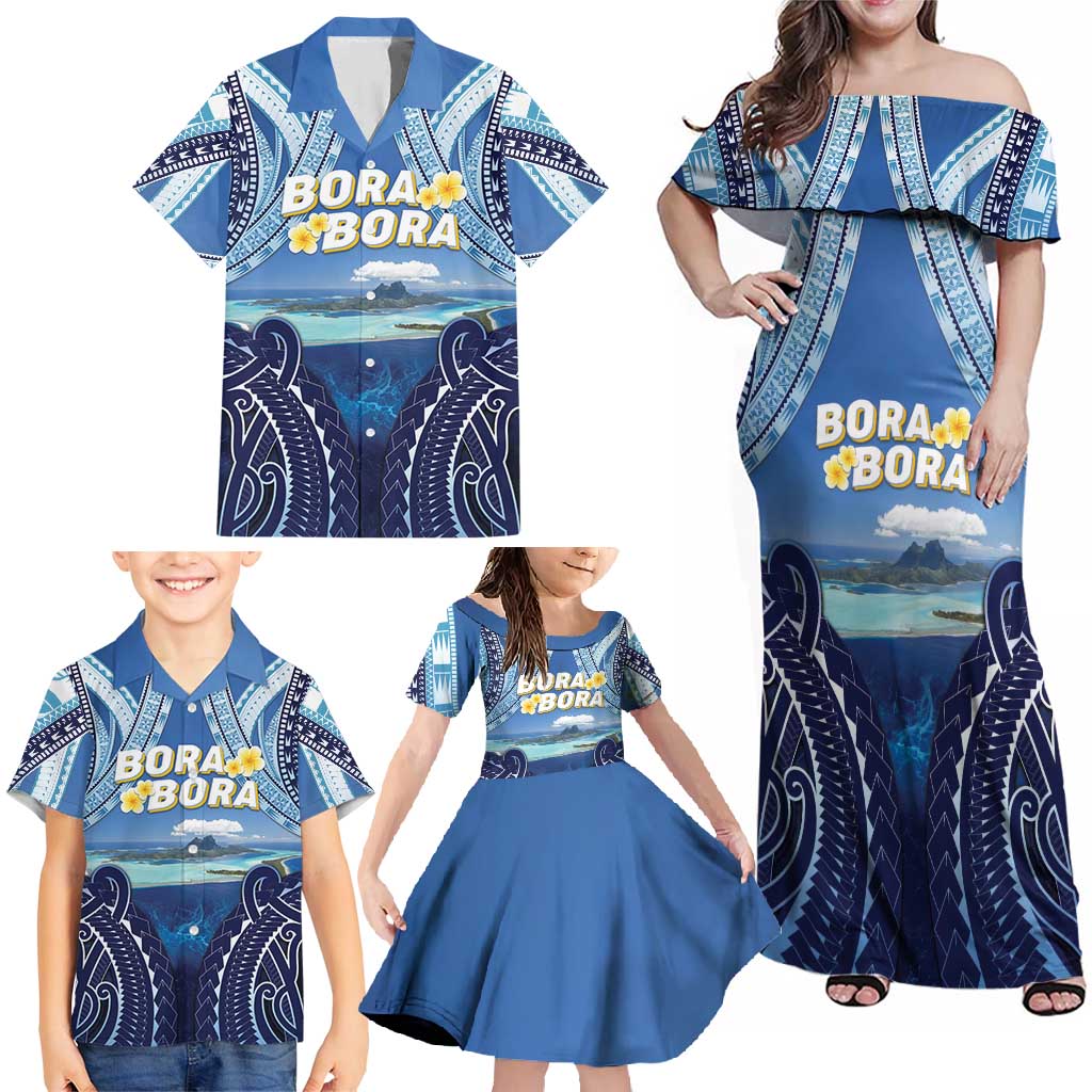 Personalised French Polynesia Bora Bora Family Matching Off Shoulder Maxi Dress and Hawaiian Shirt Beach Landscape Polynesian Style