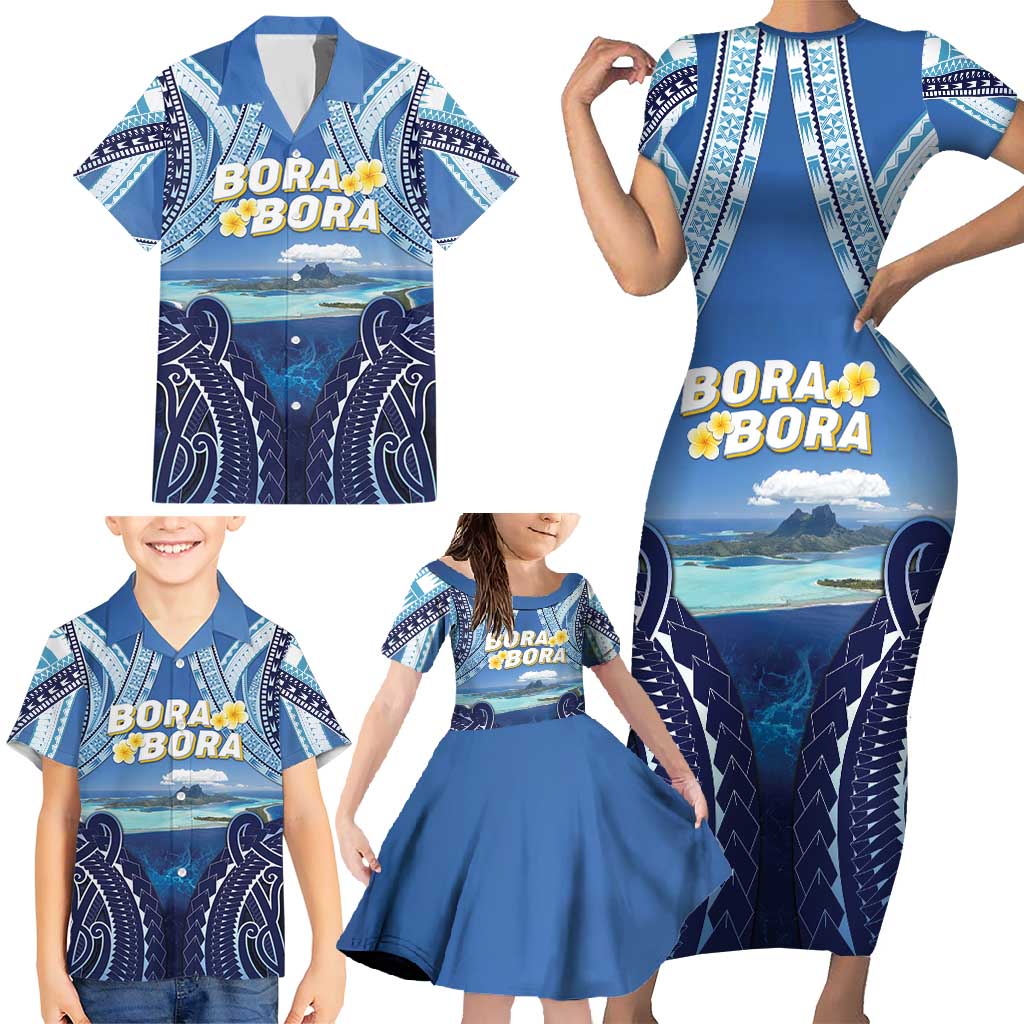 Personalised French Polynesia Bora Bora Family Matching Short Sleeve Bodycon Dress and Hawaiian Shirt Beach Landscape Polynesian Style