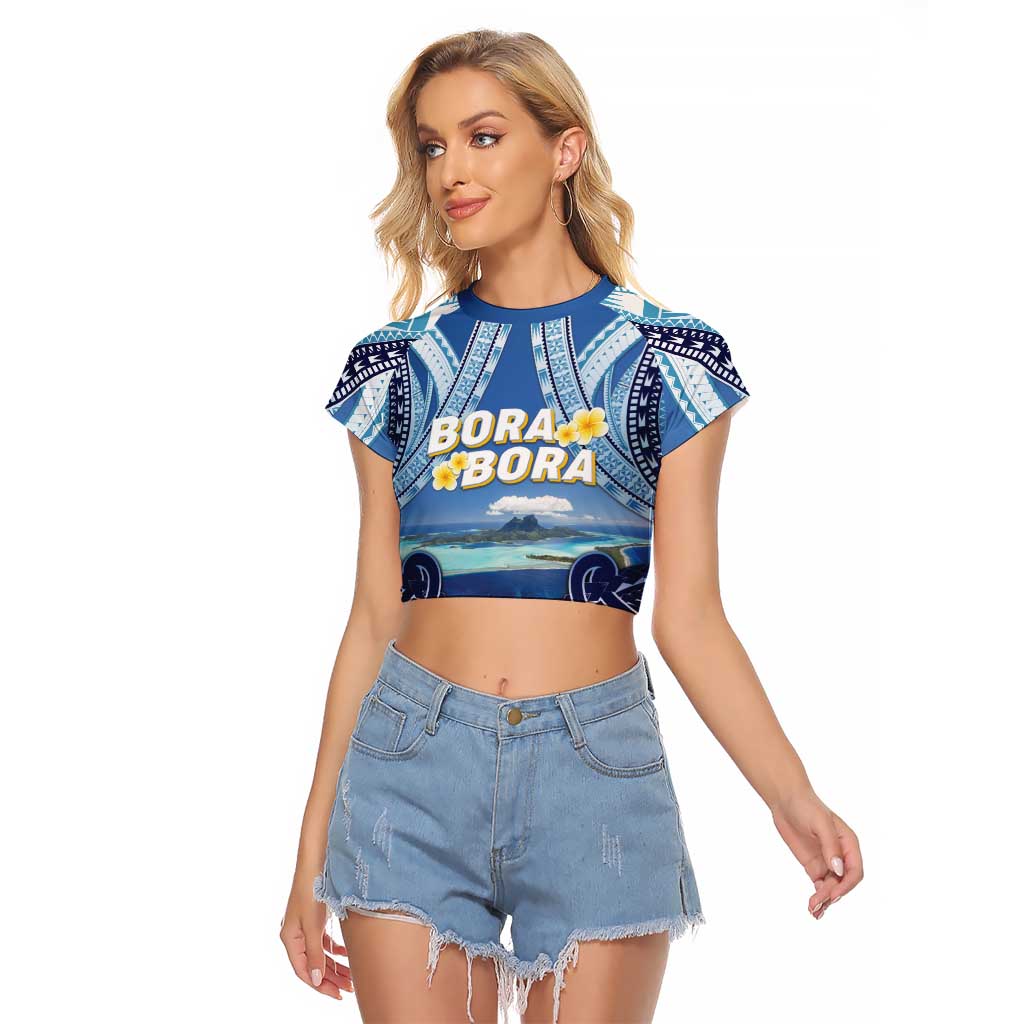 Personalised French Polynesia Bora Bora Raglan Cropped T Shirt Beach Landscape Polynesian Style LT05 Female Blue - Polynesian Pride