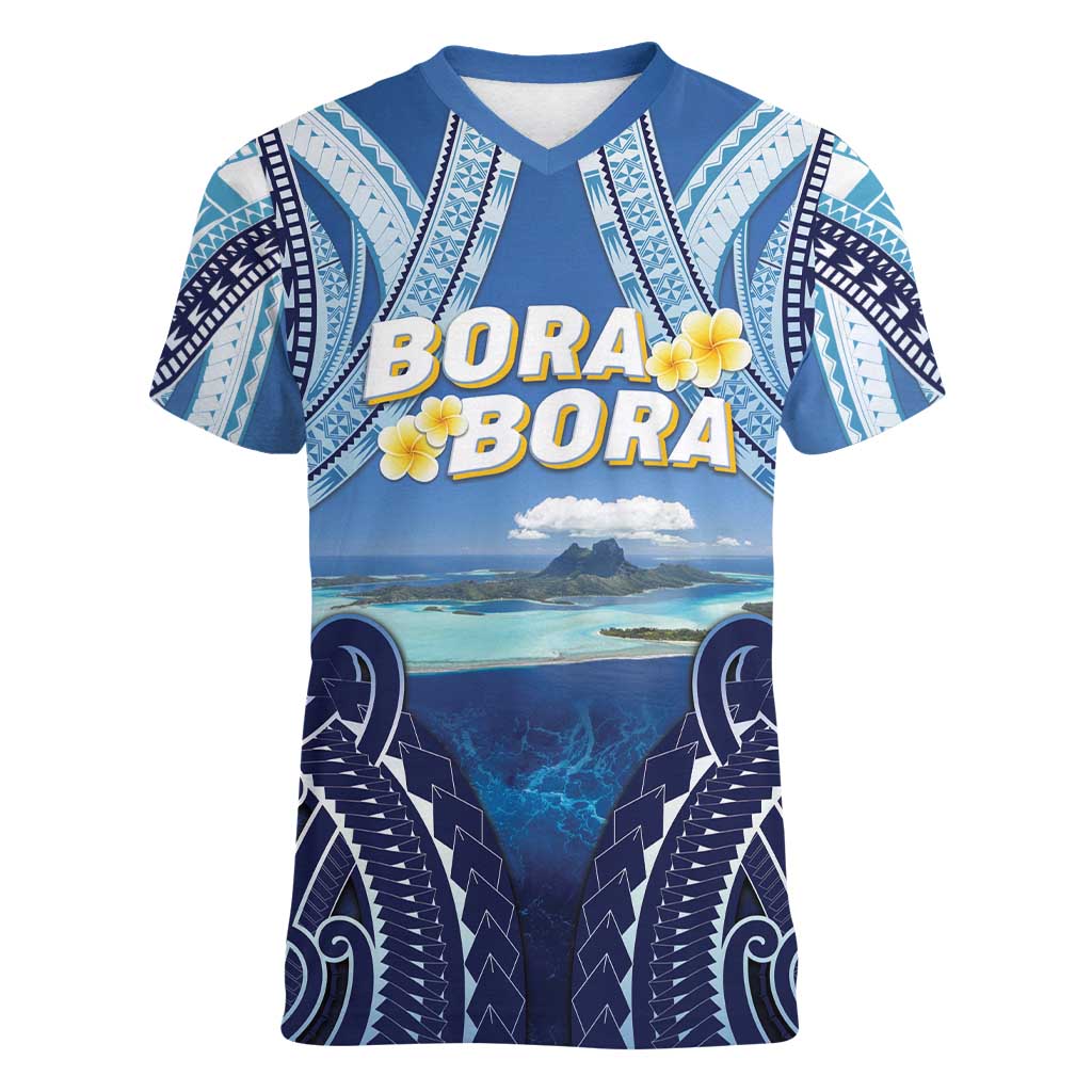 Personalised French Polynesia Bora Bora Women V-Neck T-Shirt Beach Landscape Polynesian Style LT05 Female Blue - Polynesian Pride