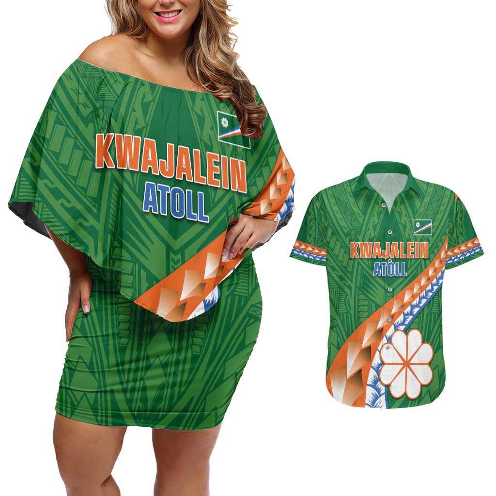 Personalised Marshall Islands Kwajalein Atoll Couples Matching Off Shoulder Short Dress and Hawaiian Shirt Polynesian Tribal Tattoo