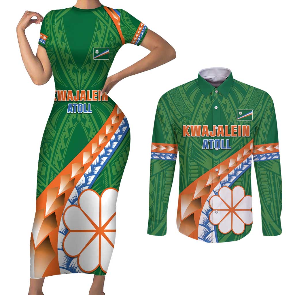 Personalised Marshall Islands Kwajalein Atoll Couples Matching Short Sleeve Bodycon Dress and Long Sleeve Button Shirt Polynesian Tribal Tattoo