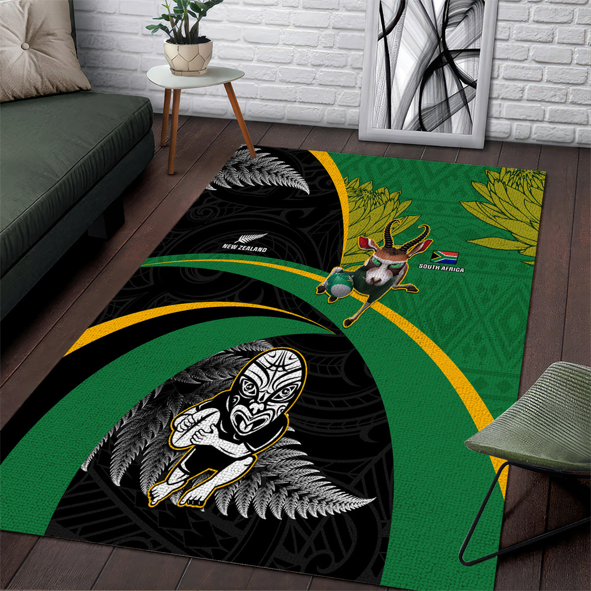 New Zealand And South Africa Rugby Area Rug 2023 Springboks Combine All Black Silver Fern LT05 Green - Polynesian Pride