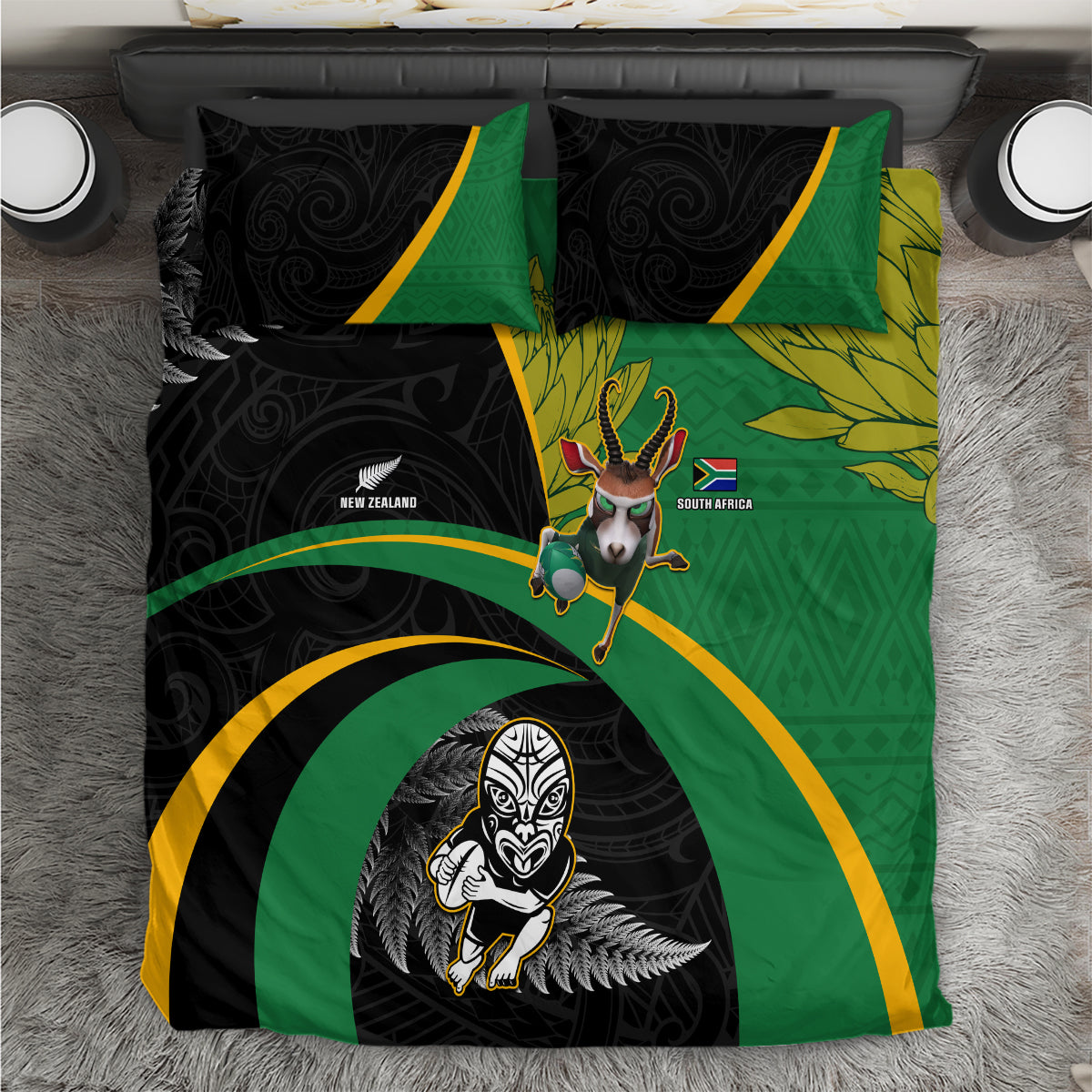 New Zealand And South Africa Rugby Bedding Set 2023 Springboks Combine All Black Silver Fern LT05 Green - Polynesian Pride