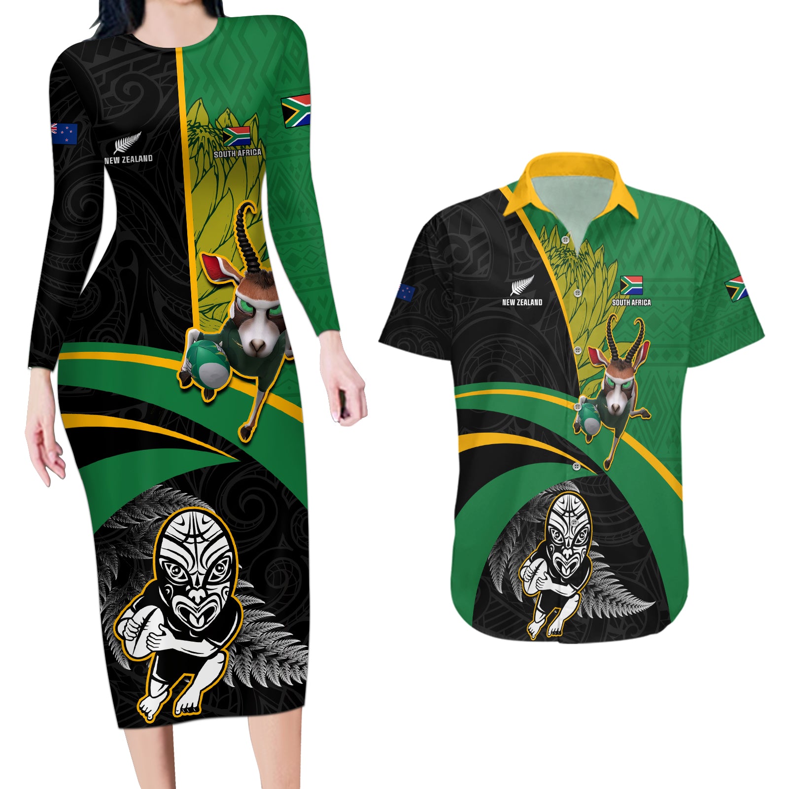 Custom New Zealand And South Africa Rugby Couples Matching Long Sleeve Bodycon Dress and Hawaiian Shirt 2023 Springboks Combine All Black Silver Fern LT05 Green - Polynesian Pride