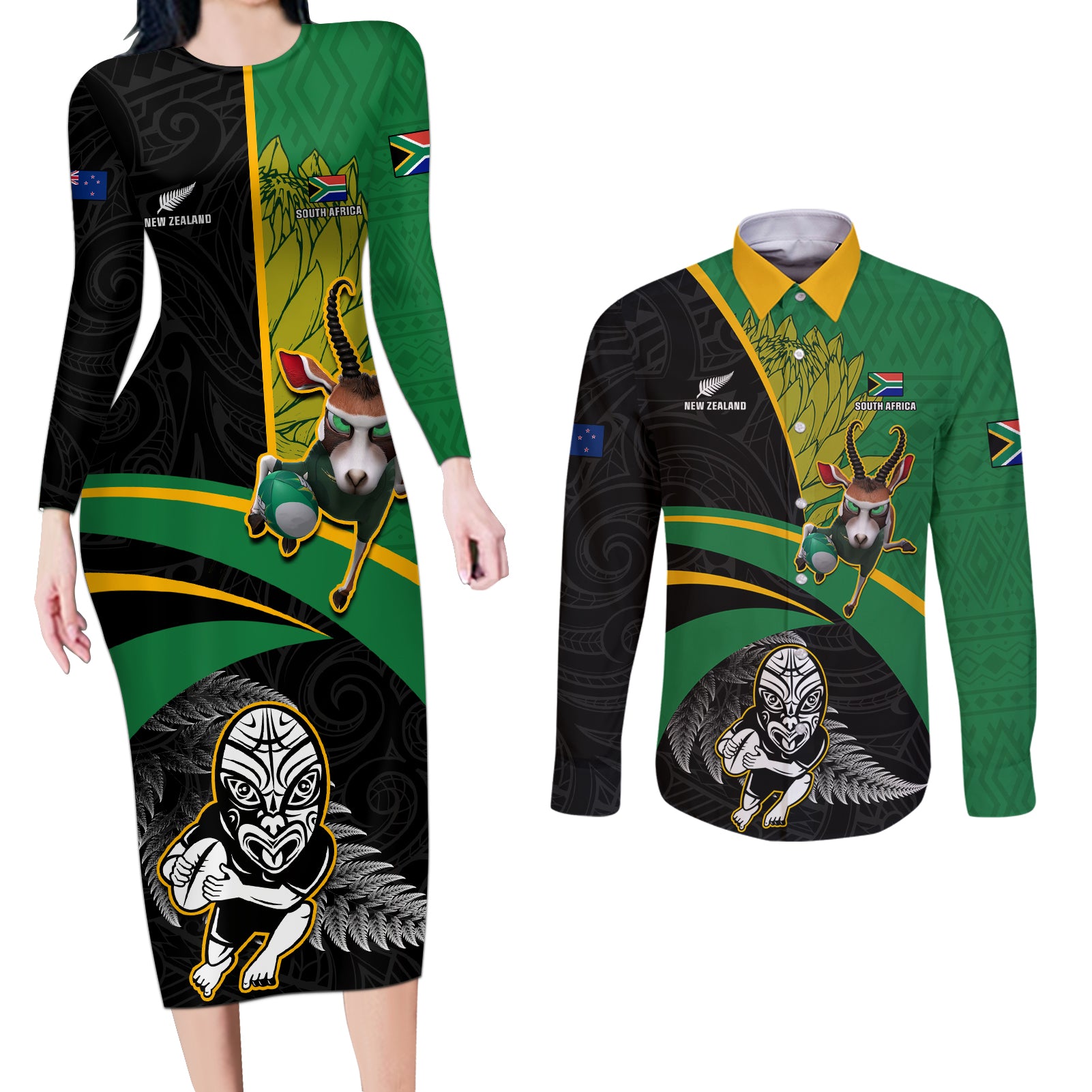 Custom New Zealand And South Africa Rugby Couples Matching Long Sleeve Bodycon Dress and Long Sleeve Button Shirt 2023 Springboks Combine All Black Silver Fern LT05 Green - Polynesian Pride