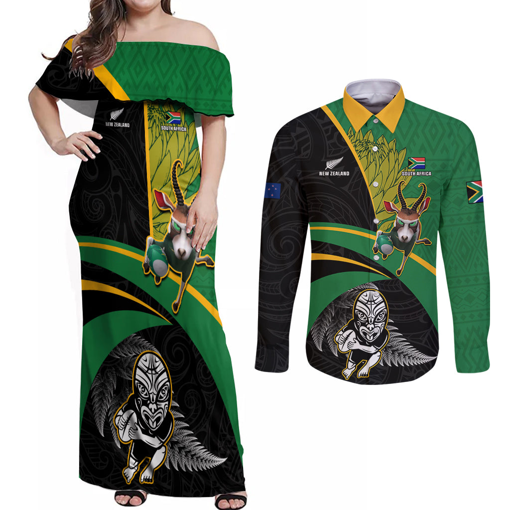 Custom New Zealand And South Africa Rugby Couples Matching Off Shoulder Maxi Dress and Long Sleeve Button Shirt 2023 Springboks Combine All Black Silver Fern LT05 Green - Polynesian Pride