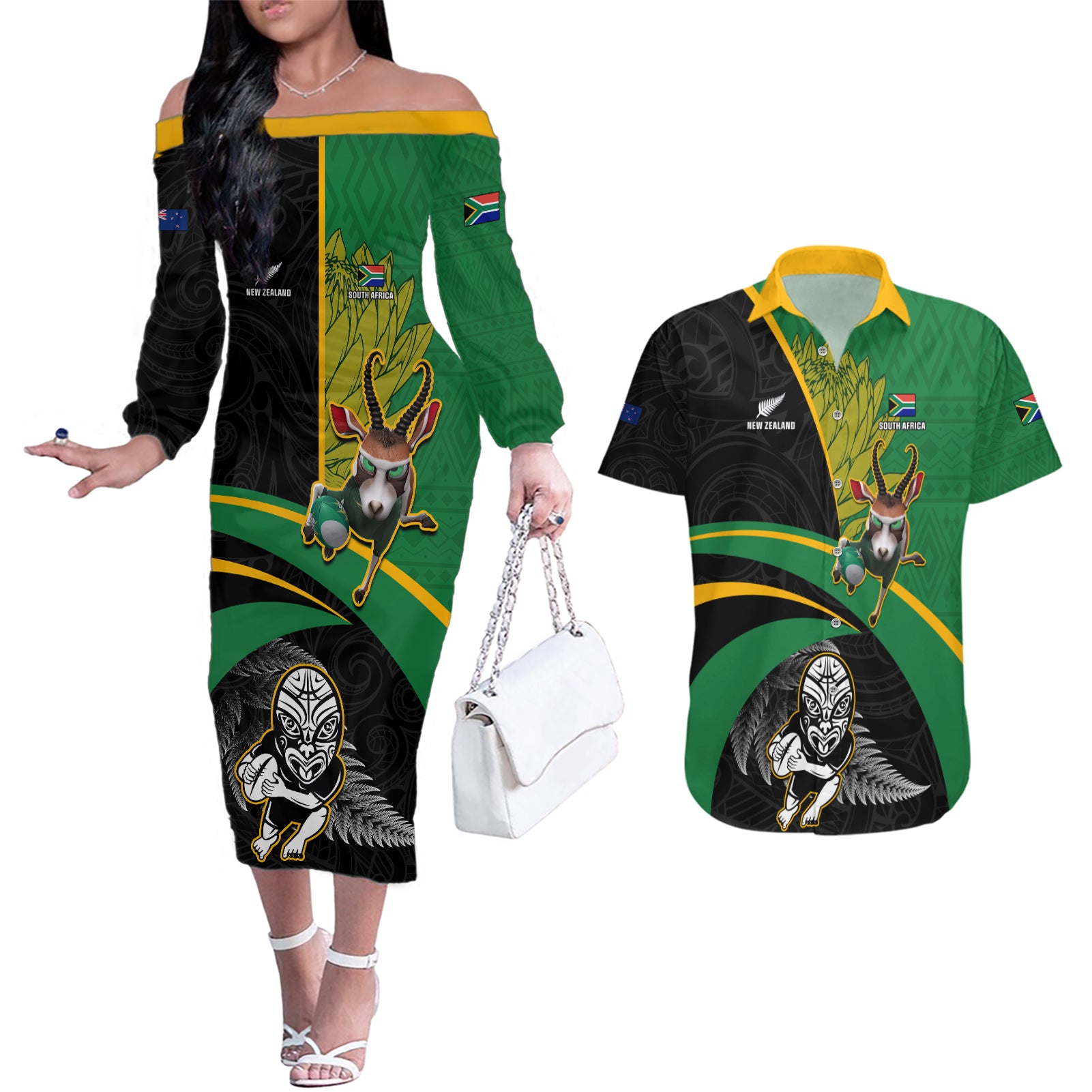 Custom New Zealand And South Africa Rugby Couples Matching Off The Shoulder Long Sleeve Dress and Hawaiian Shirt 2023 Springboks Combine All Black Silver Fern LT05 Green - Polynesian Pride