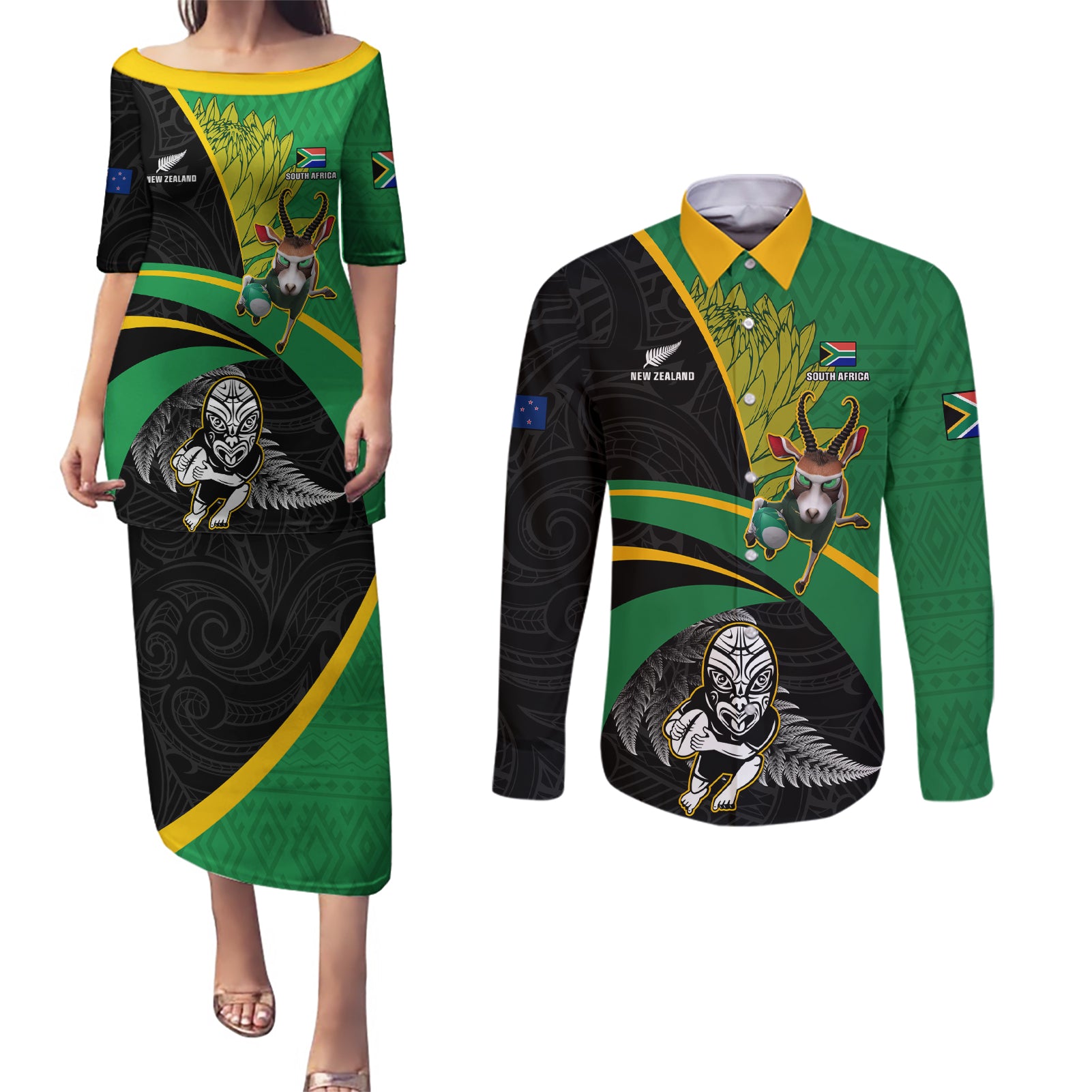 Custom New Zealand And South Africa Rugby Couples Matching Puletasi Dress and Long Sleeve Button Shirt 2023 Springboks Combine All Black Silver Fern LT05 Green - Polynesian Pride