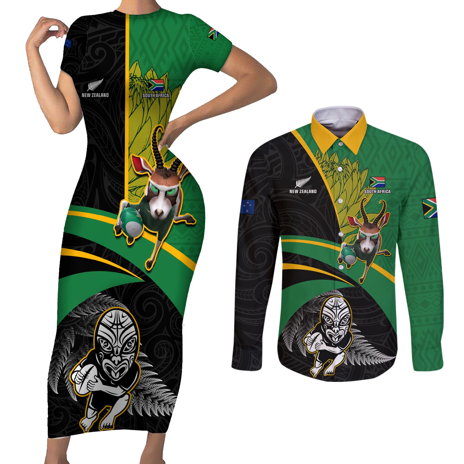 Custom New Zealand And South Africa Rugby Couples Matching Short Sleeve Bodycon Dress and Long Sleeve Button Shirt 2023 Springboks Combine All Black Silver Fern LT05 Green - Polynesian Pride