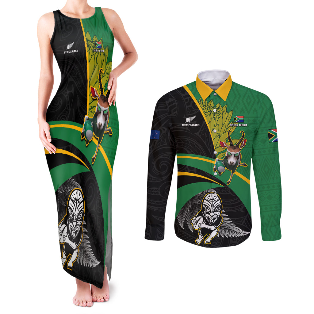 Custom New Zealand And South Africa Rugby Couples Matching Tank Maxi Dress and Long Sleeve Button Shirt 2023 Springboks Combine All Black Silver Fern LT05 Green - Polynesian Pride