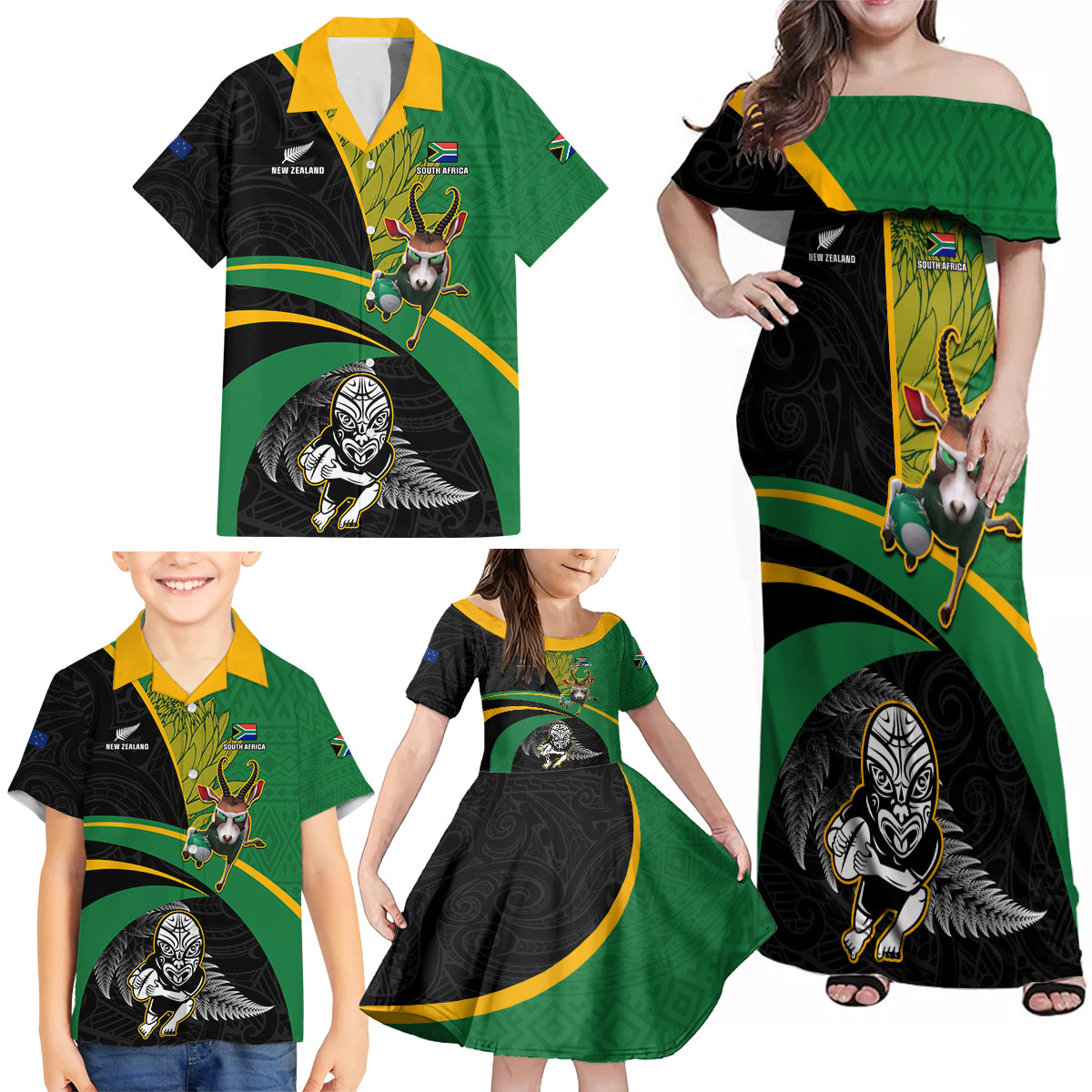 Custom New Zealand And South Africa Rugby Family Matching Off Shoulder Maxi Dress and Hawaiian Shirt 2023 Springboks Combine All Black Silver Fern LT05 - Polynesian Pride