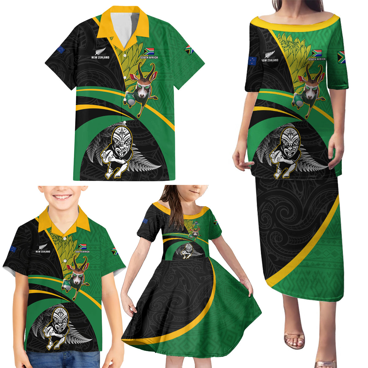 Custom New Zealand And South Africa Rugby Family Matching Puletasi Dress and Hawaiian Shirt 2023 Springboks Combine All Black Silver Fern LT05 - Polynesian Pride