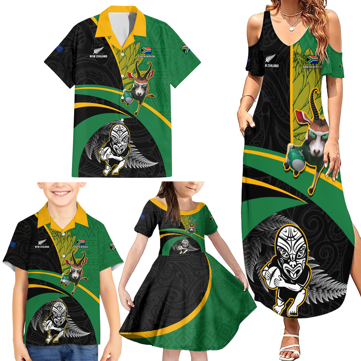 Custom New Zealand And South Africa Rugby Family Matching Summer Maxi Dress and Hawaiian Shirt 2023 Springboks Combine All Black Silver Fern LT05 - Polynesian Pride