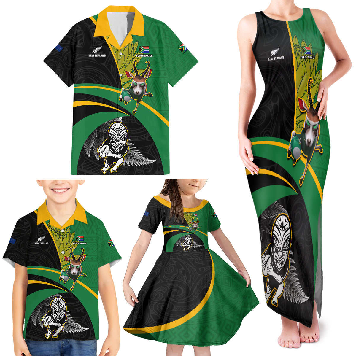 Custom New Zealand And South Africa Rugby Family Matching Tank Maxi Dress and Hawaiian Shirt 2023 Springboks Combine All Black Silver Fern LT05 - Polynesian Pride