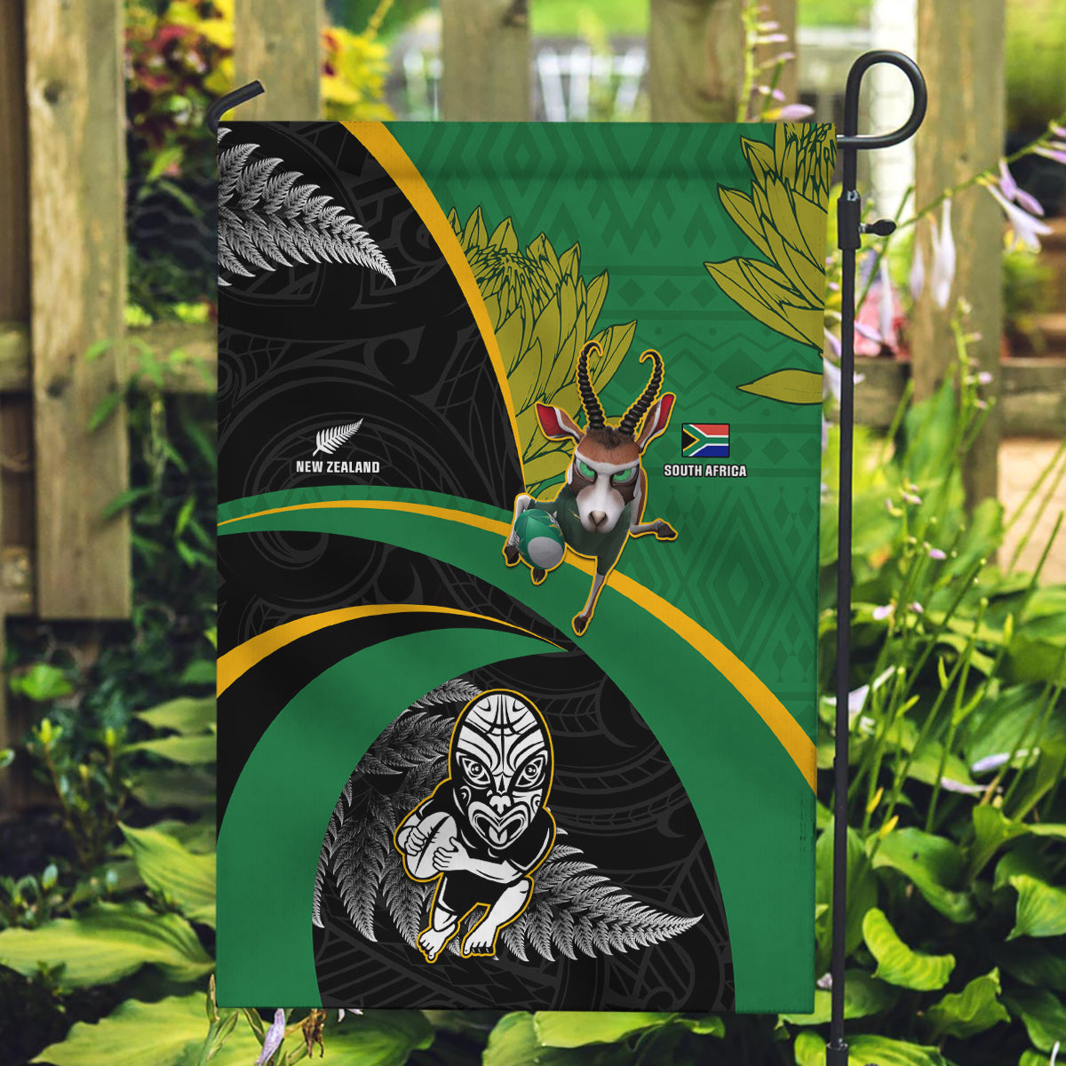 New Zealand And South Africa Rugby Garden Flag 2023 Springboks Combine All Black Silver Fern LT05 Garden Flag Green - Polynesian Pride