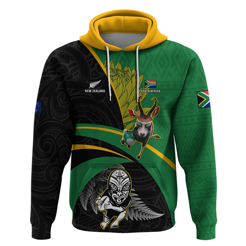 Custom New Zealand And South Africa Rugby Hoodie 2023 Springboks Combine All Black Silver Fern LT05 Pullover Hoodie Green - Polynesian Pride