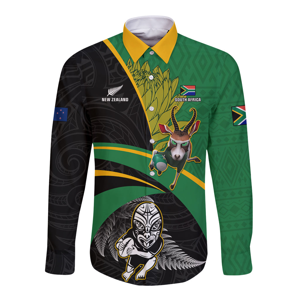 Custom New Zealand And South Africa Rugby Long Sleeve Button Shirt 2023 Springboks Combine All Black Silver Fern LT05 Unisex Green - Polynesian Pride