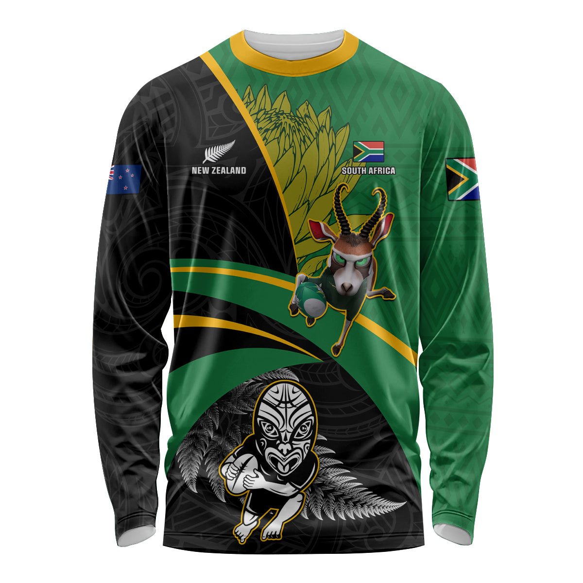 Custom New Zealand And South Africa Rugby Long Sleeve Shirt 2023 Springboks Combine All Black Silver Fern LT05 Unisex Green - Polynesian Pride