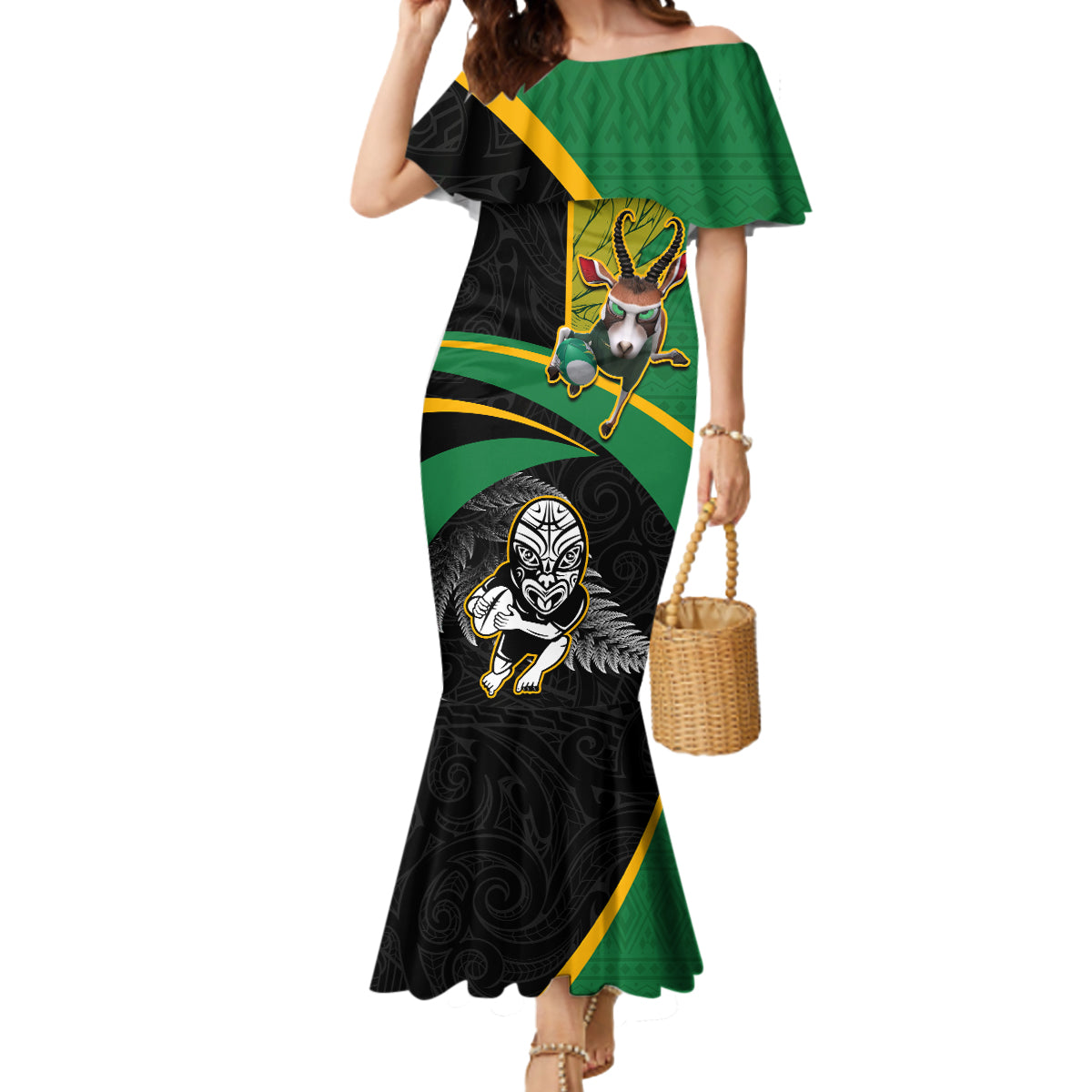 Custom New Zealand And South Africa Rugby Mermaid Dress 2023 Springboks Combine All Black Silver Fern LT05 Women Green - Polynesian Pride