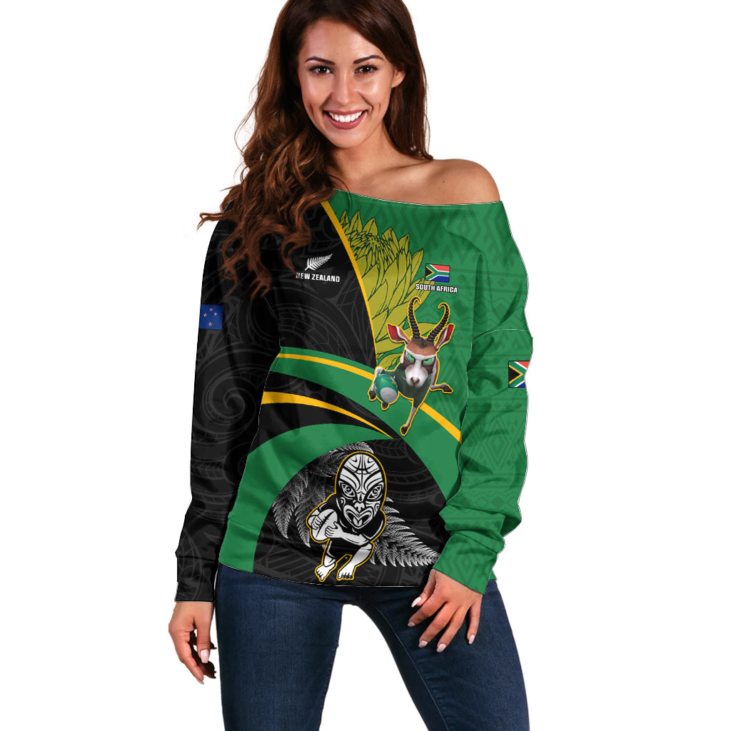 Custom New Zealand And South Africa Rugby Off Shoulder Sweater 2023 Springboks Combine All Black Silver Fern LT05 Women Green - Polynesian Pride