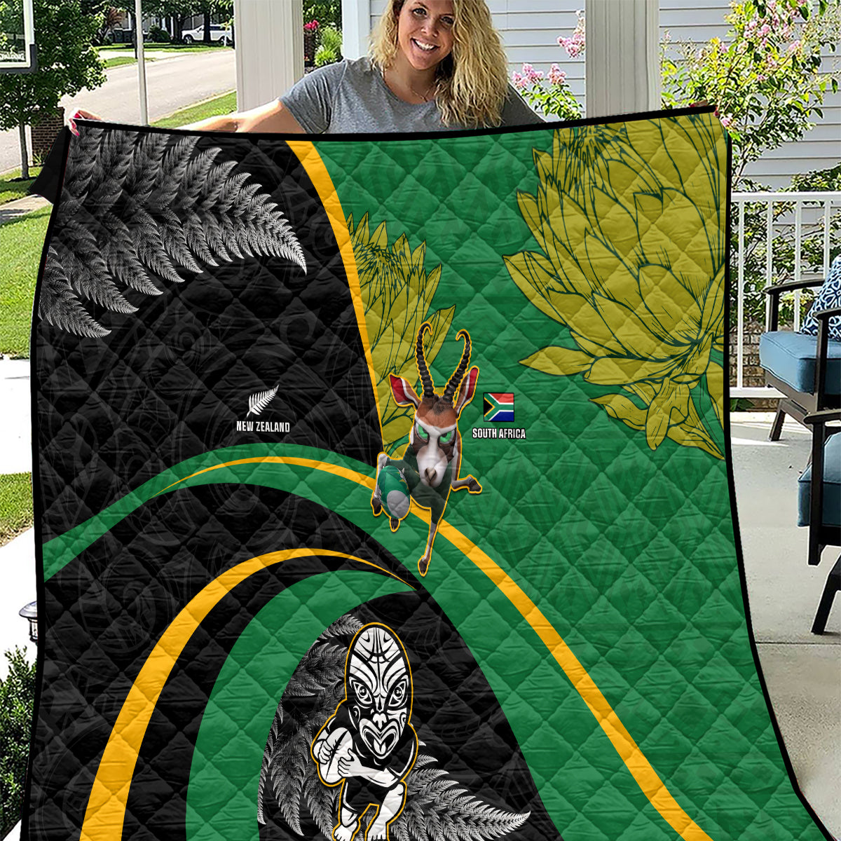 New Zealand And South Africa Rugby Quilt 2023 Springboks Combine All Black Silver Fern LT05 Green - Polynesian Pride