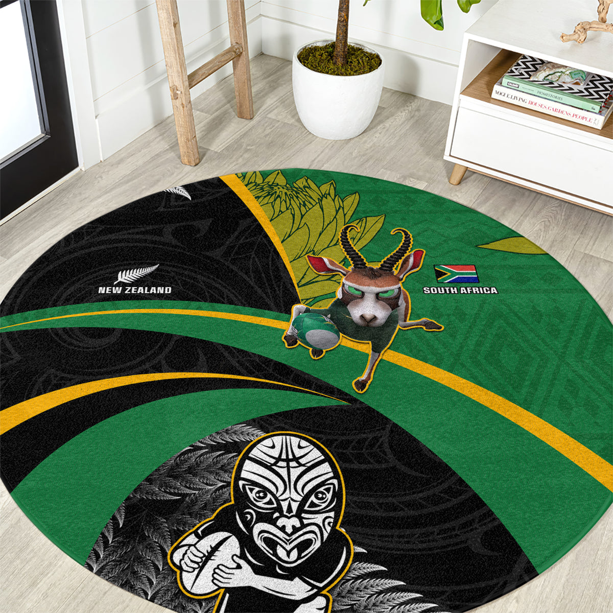 New Zealand And South Africa Rugby Round Carpet 2023 Springboks Combine All Black Silver Fern LT05 Green - Polynesian Pride