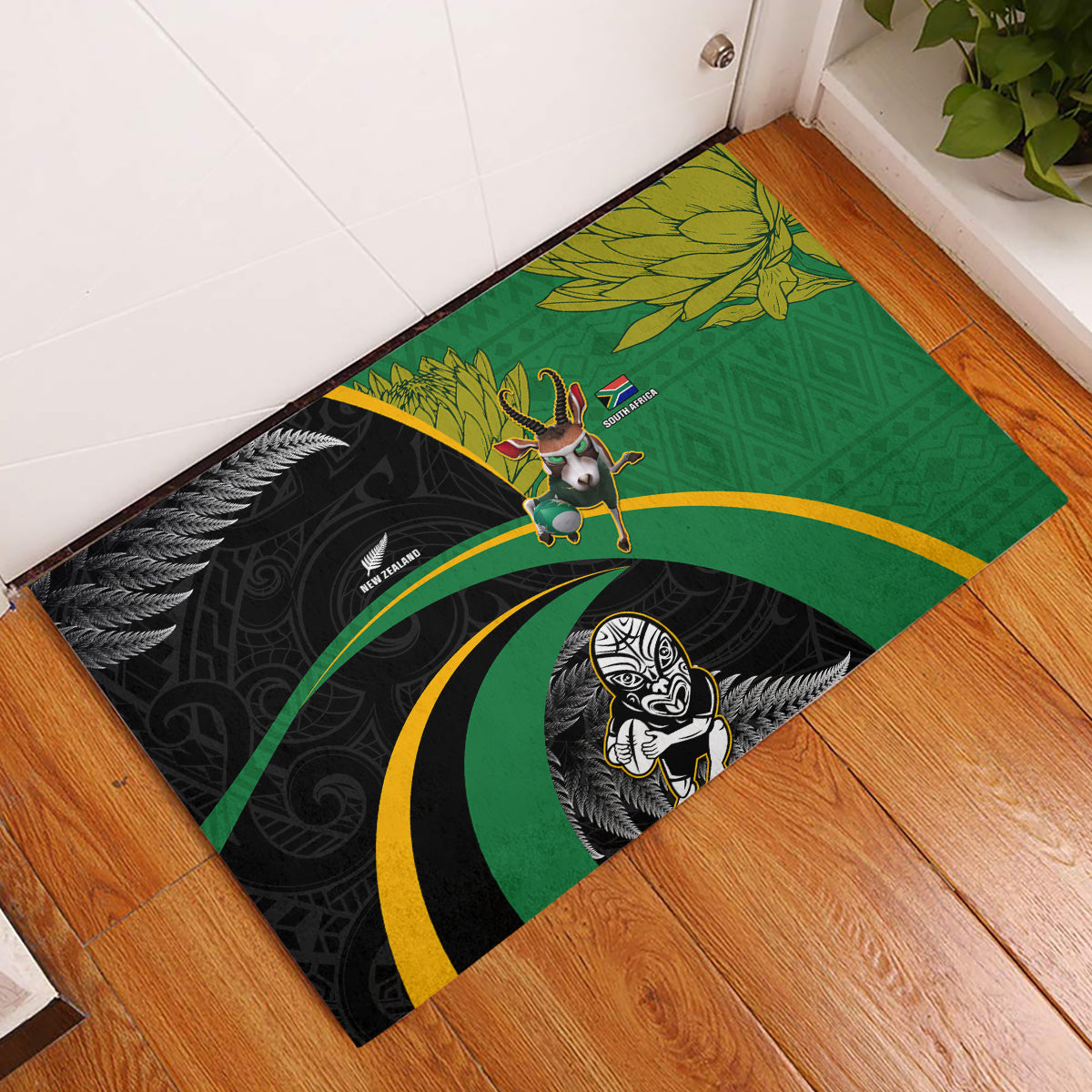 New Zealand And South Africa Rugby Rubber Doormat 2023 Springboks Combine All Black Silver Fern LT05 Green - Polynesian Pride