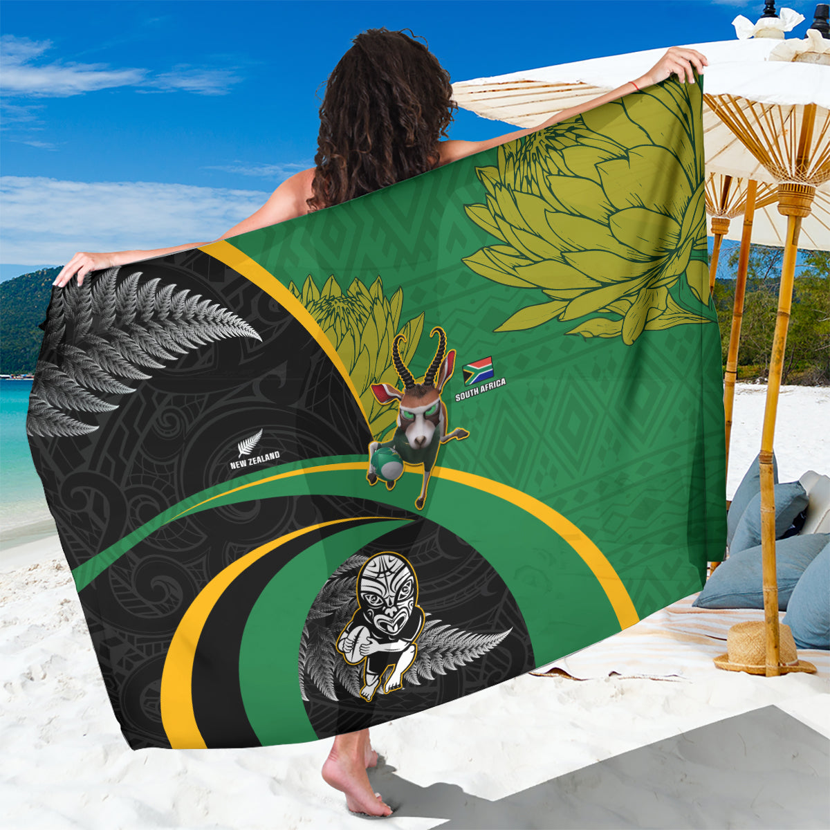 New Zealand And South Africa Rugby Sarong 2023 Springboks Combine All Black Silver Fern LT05 One Size 44 x 66 inches Green - Polynesian Pride