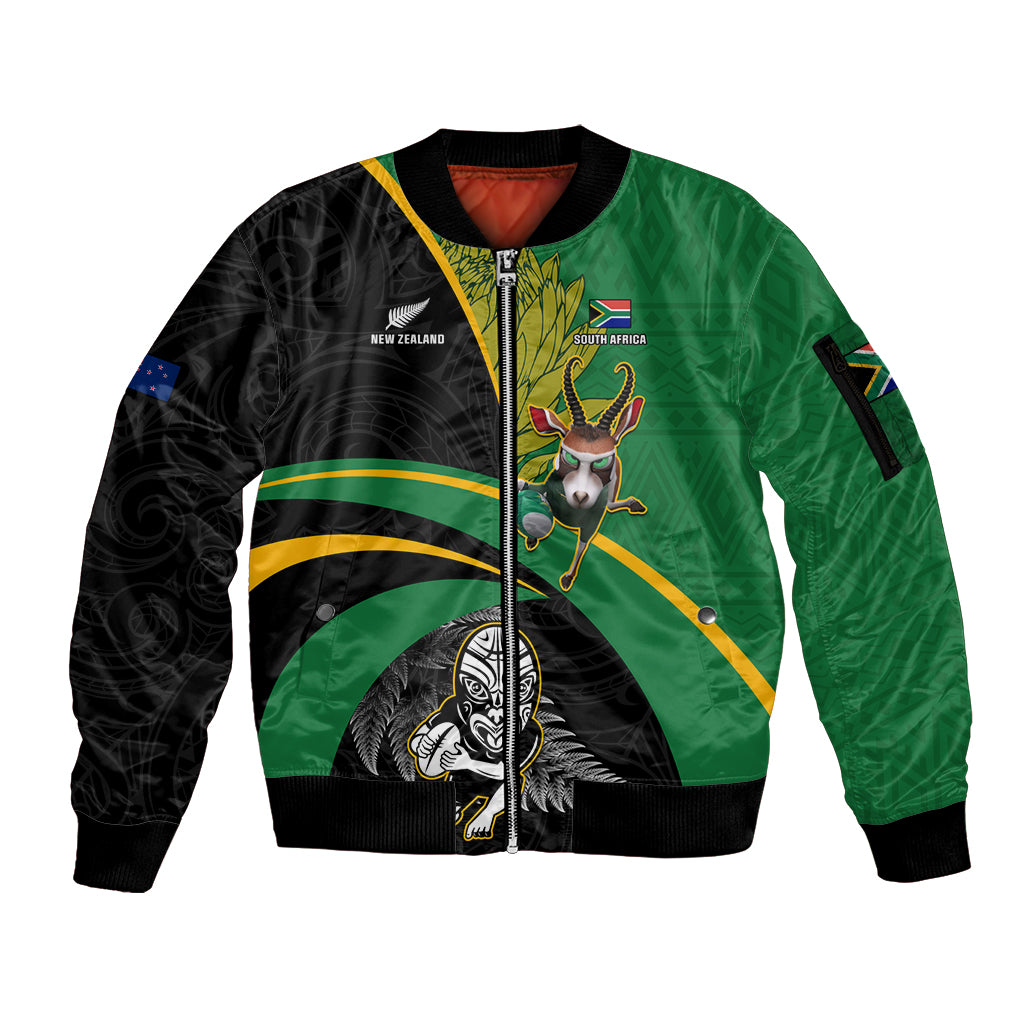 Custom New Zealand And South Africa Rugby Sleeve Zip Bomber Jacket 2023 Springboks Combine All Black Silver Fern LT05 Unisex Green - Polynesian Pride