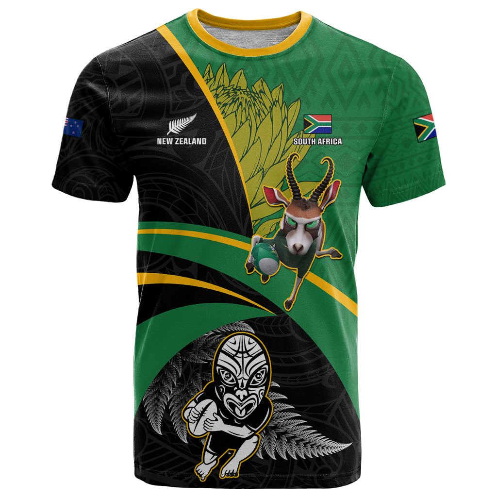 Custom New Zealand And South Africa Rugby T Shirt 2023 Springboks Combine All Black Silver Fern LT05 Green - Polynesian Pride