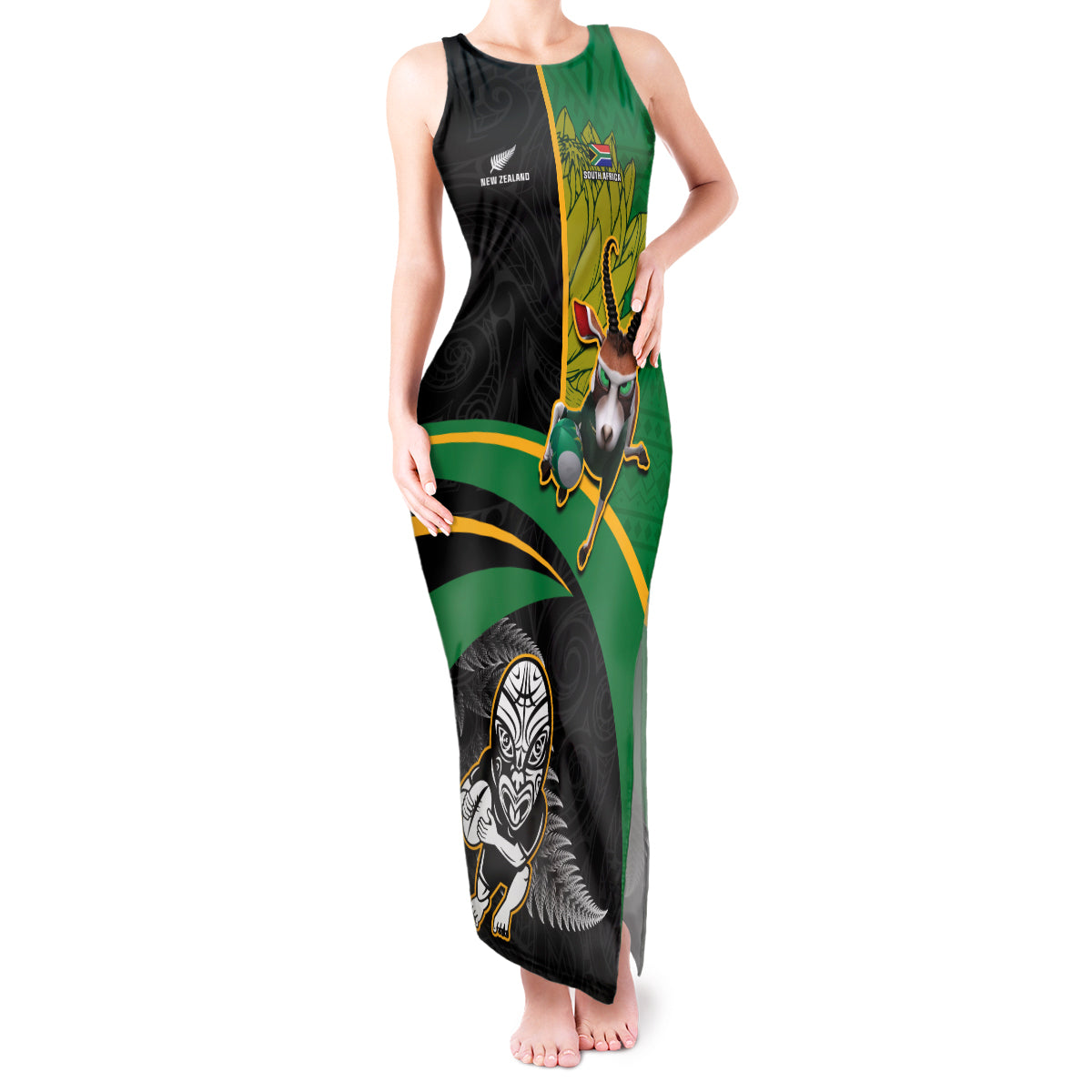 Custom New Zealand And South Africa Rugby Tank Maxi Dress 2023 Springboks Combine All Black Silver Fern LT05 Women Green - Polynesian Pride