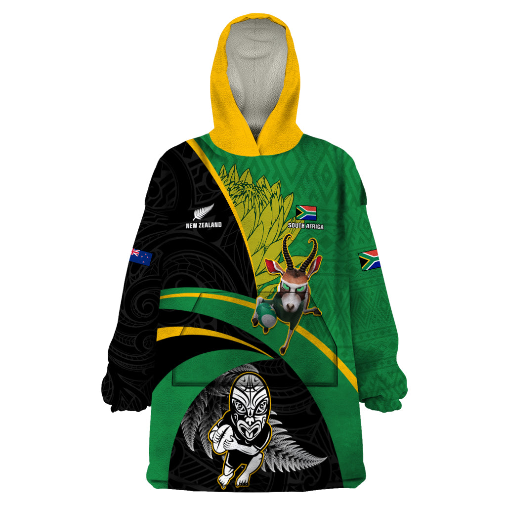 Custom New Zealand And South Africa Rugby Wearable Blanket Hoodie 2023 Springboks Combine All Black Silver Fern LT05 One Size Green - Polynesian Pride