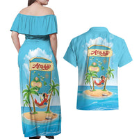 Aloha Hawaii Couples Matching Off Shoulder Maxi Dress and Hawaiian Shirt Funny Macaw Parrot Tropical Vibe