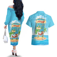Aloha Hawaii Couples Matching Off The Shoulder Long Sleeve Dress and Hawaiian Shirt Funny Macaw Parrot Tropical Vibe