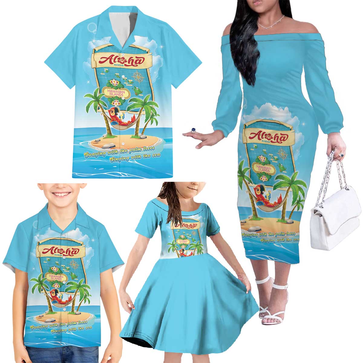 Aloha Hawaii Family Matching Off The Shoulder Long Sleeve Dress and Hawaiian Shirt Funny Macaw Parrot Tropical Vibe