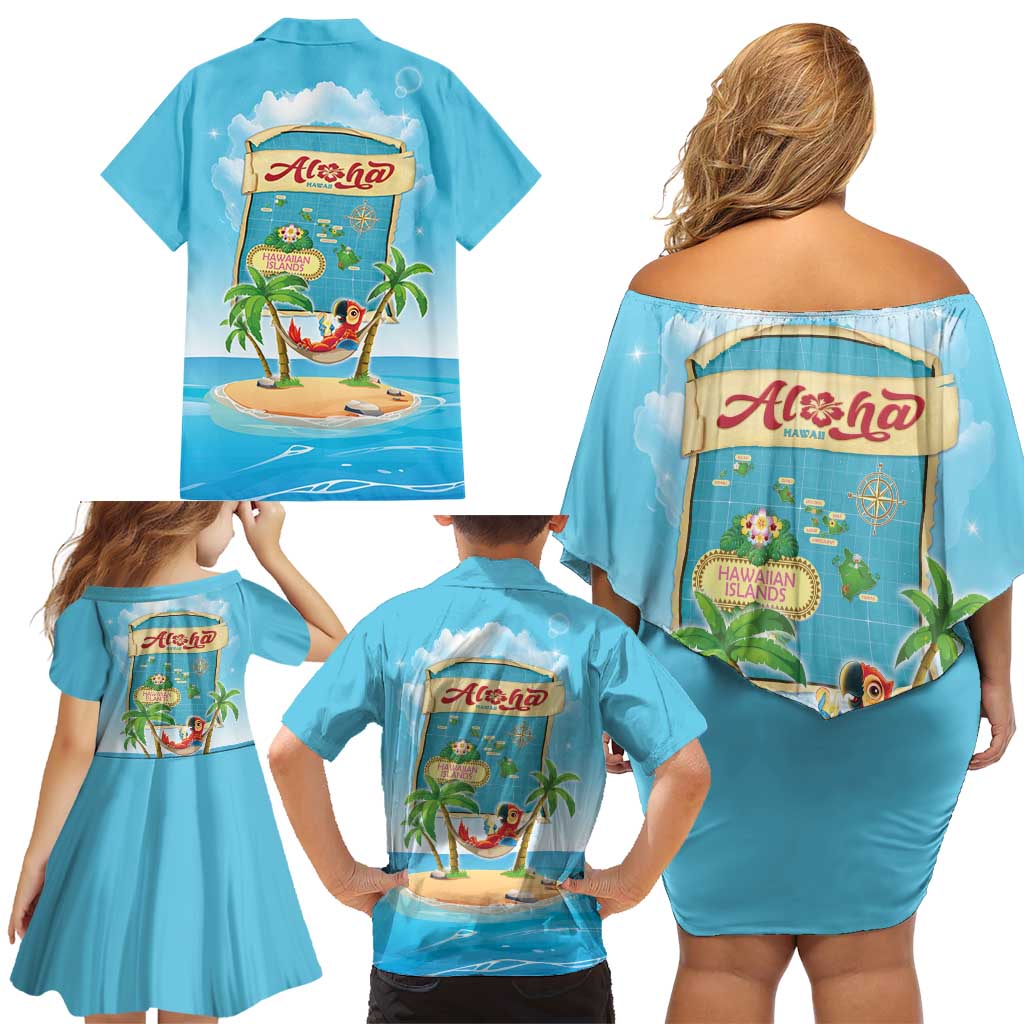 Aloha Hawaii Family Matching Off Shoulder Short Dress and Hawaiian Shirt Funny Macaw Parrot Tropical Vibe